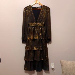 Wayf Tiered Metallic Long Sleeve Midi Dress